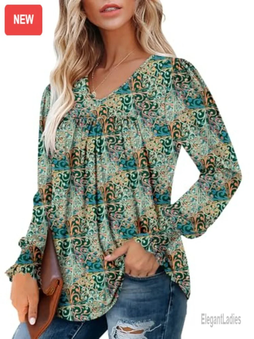 Women's Long Sleeve V-Neck Tunic Top Blouse Casual Flowy Shirt